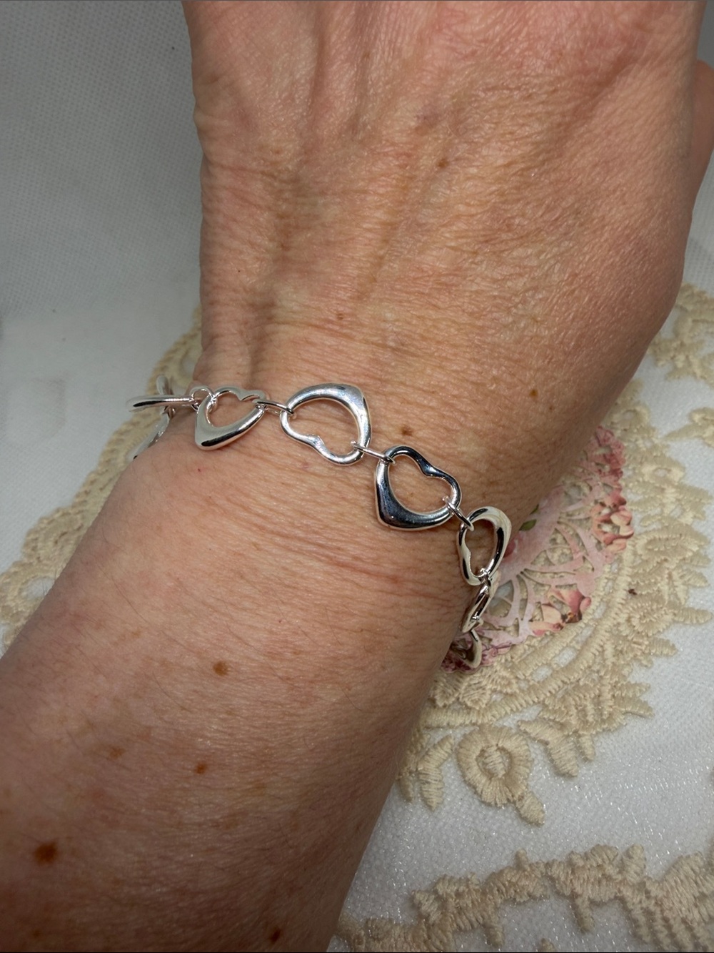 925 Sterling Silver Open Heart Link Bracelet Toggle Clasp Romantic Cottagecore